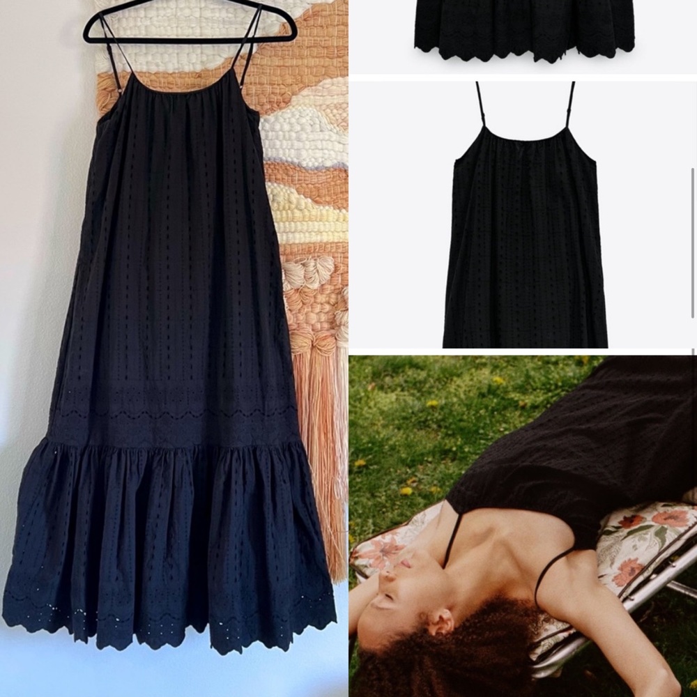 Zara Black Openwork Embroidered Eyelet Midi Dress